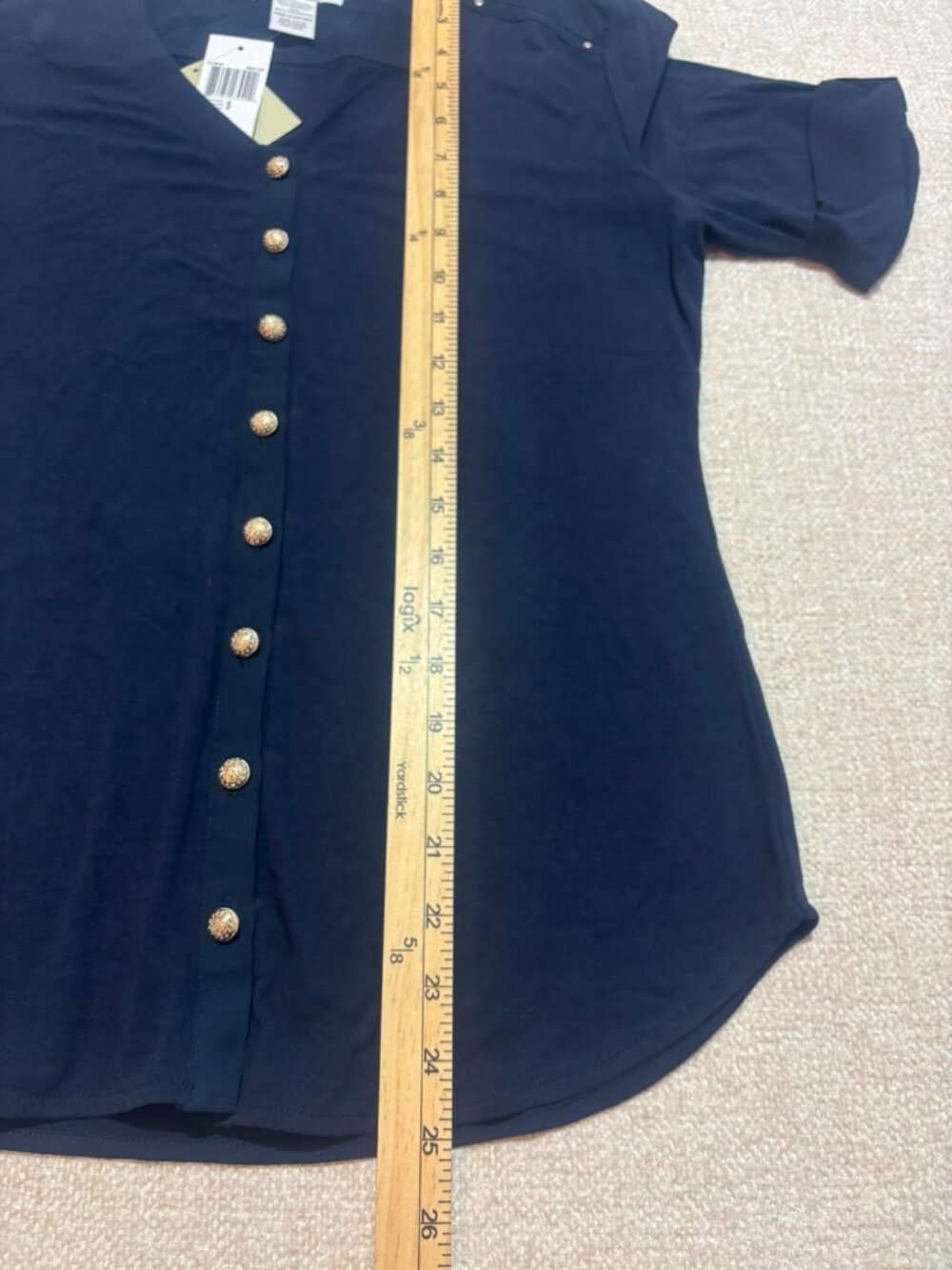 NWT Carmen Marc Valvo Navy V-Neck Button Blouse Size S - Picture 4 of 9
